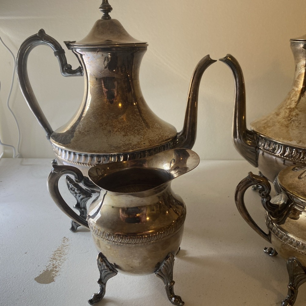 Victorian Silverplate Tea Coffee Set Ornate Silver on Copper Creamer Sugar Bowl - Picture 2 of 4